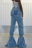 Fashion Wide Leg Bandage Patchwork Blue Flared Jeans (Only Jeans)