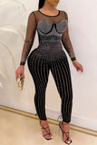 Fashion Sexy Patchwork Hot Drilling See-through O Neck Skinny Jumpsuits