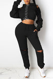 Sexy Solid Bandage Split Joint Backless Zipper Hooded Collar Long Sleeve Two Pieces
