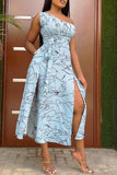 Fashion Casual Print Backless Slit One Shoulder Sleeveless Dress