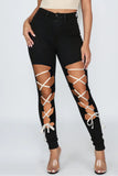 Fashion Sexy Solid Hollowed Out Strap Design High Waist Skinny Jeans