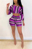 Fashion Sexy Striped Printed Purple Two-piece Set