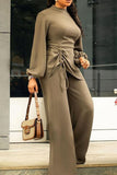 Casual Solid Split Joint Draw String Fold Half A Turtleneck Straight Jumpsuits