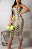 Fashion Sexy Snakeskin Print Stitching Tube Top Yellow Dress
