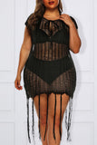 Casual Solid Tassel Split Joint See-through O Neck Straight Plus Size Dresses