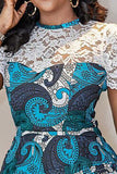 Elegant Print Split Joint See-through O Neck One Step Skirt Dresses