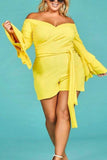 Fashion Off Shoulder Ruffles Cuff Yellow Solid Jumpsuits