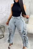 Fashion Casual Solid Ripped High Waist Denim Jeans