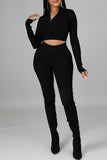 Sexy Solid Split Joint Zipper Collar Long Sleeve Two Pieces