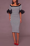 Fashion Striped Print Puff Sleeve Black Slim Dress