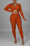 Sexy Solid Split Joint Knotted V Neck Long Sleeve Two Pieces