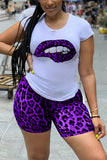 Polyester adult Street Fashion Two Piece Suits Print Lips Print Leopard Straight Short Sleeve