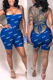Sexy Print letter Backless bandage Chemical fiber blend Sleeveless Wrapped  Rompers