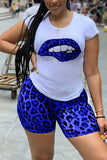 Fashion Street Print Leopard Lips Print Stitching O Neck Plus Size Two Pieces