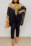 Fashion Casual Print Split Joint See-through O Neck Long Sleeve Two Pieces