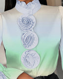 Ombre Rose Detail Frill Hem Stand Collar Top
