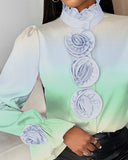Ombre Rose Detail Frill Hem Stand Collar Top