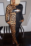 Fashion Casual Long Sleeve Leopard Lips Brown Dress