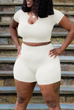 Casual Solid Split Joint V Neck Plus Size Two Pieces