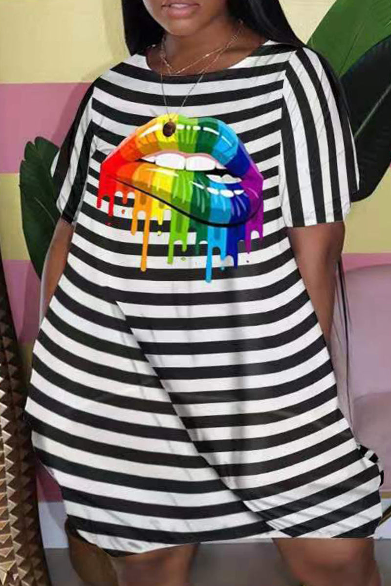 Casual Striped Print Split Joint O Neck Short Sleeve Dress Plus Size Dresses