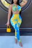 Fashion Light Tie-dyed Backless Sleeveless Hanging neck Jumpsuits
