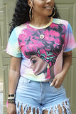 Fashion Printing Round Neck Pink T-shirt