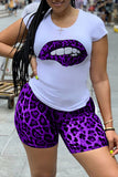 Polyester adult Street Fashion Two Piece Suits Print Lips Print Leopard Straight Short Sleeve