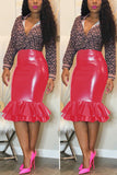PU Zipper Fly Mid Patchwork Zippered Solid Mermaid skirt Skirts