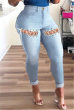 Fashion Casual Solid Hollowed Out High Waist Skinny Jeans
