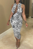 Sexy Print Hollowed Out O Neck Pencil Skirt Dresses