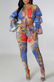 Fashion Casual Print Hollowed Out V Neck Long Sleeve Two Pieces