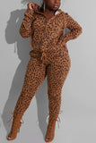 Fashion Leopard Printing Hooded Zipper Brown Sports Suit