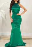 Fashion Sexy Solid Backless O Neck Evening Dress