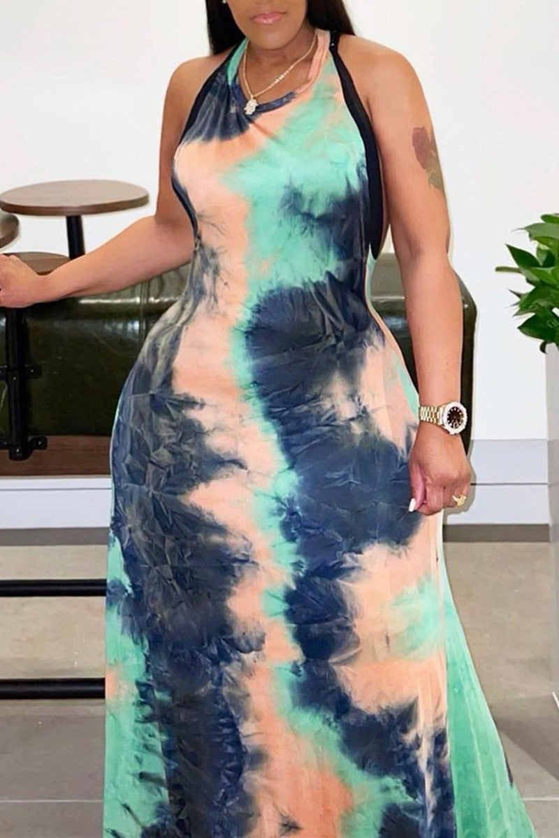 Sexy Casual Plus Size Tie Dye Backless Halter Sleeveless Dress