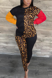 Casual Leopard Split Joint O Neck Long Sleeve Two Pieces