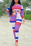 Fashion Casual Adult Pit Article Fabrics Striped Print Split Joint O Neck Long Sleeve Regular Sleeve Short Two Pieces