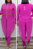 Casual Solid Split Joint Beading Asymmetrical Zipper Turndown Collar Plus Size Two Pieces