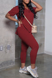 Casual Solid Slit V Neck Plus Size Two Pieces