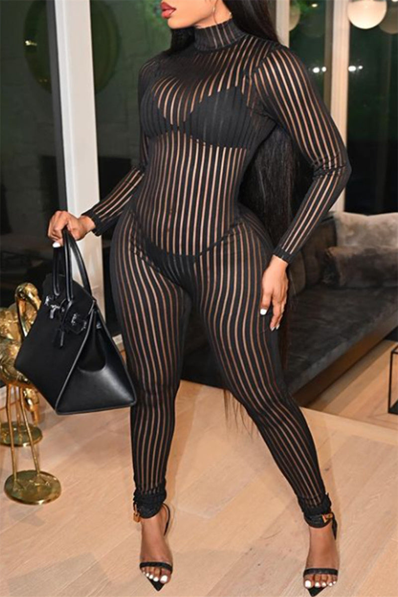 Fashion Sexy Striped See-through Turtleneck Jumpsuits