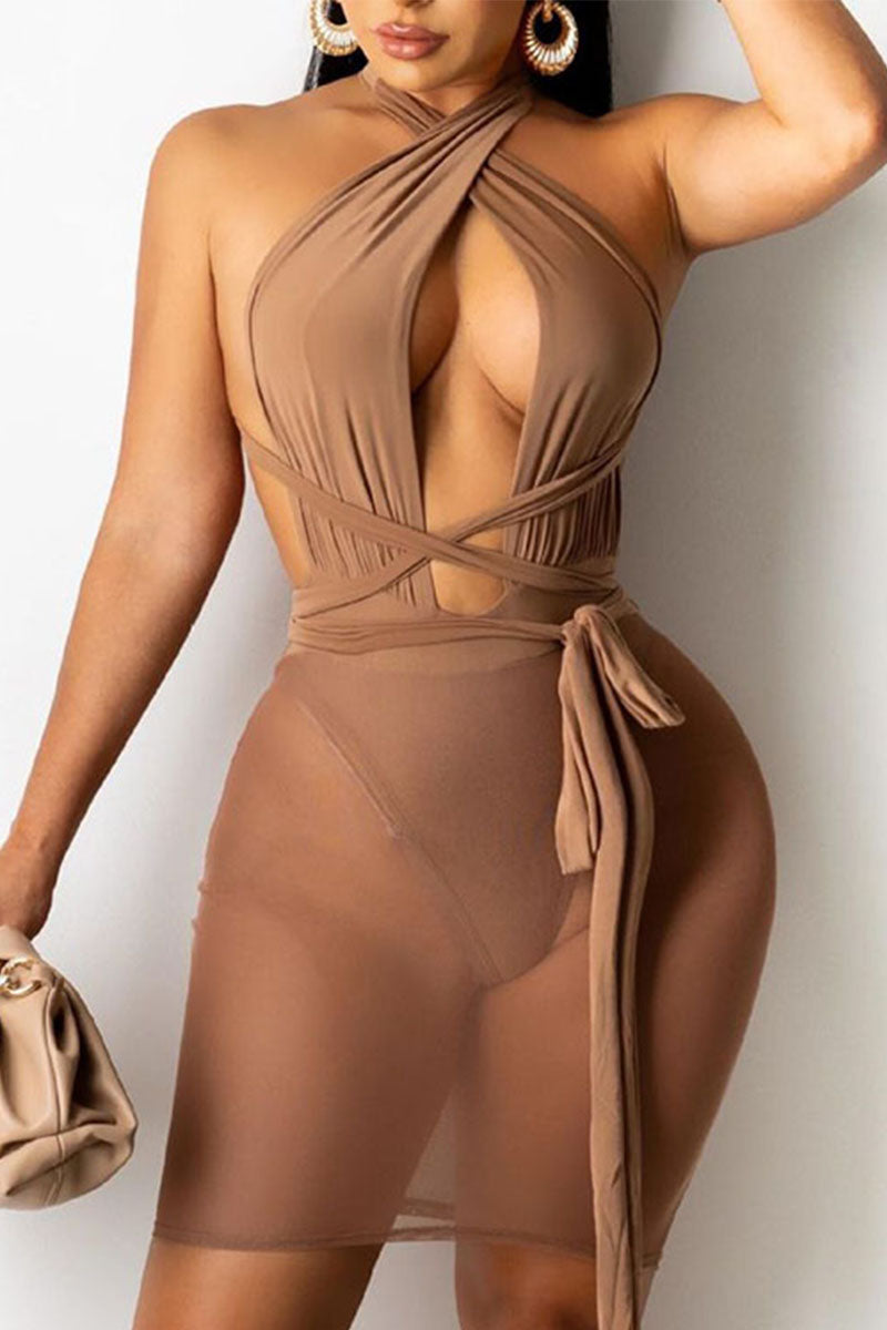 Sexy Solid Split Joint Asymmetrical Mesh Wrapped Skirt Dresses