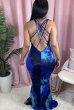 Fashion Sexy Celebrities Cold Shoulder Sleeveless Halter Trumpet Mermaid Floor Length Tie Dye Dresses