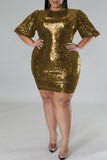 Casual Solid Sequins Patchwork O Neck One Step Skirt Plus Size Dresses