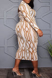 Fashion Casual Print Hollowed Out O Neck Long Sleeve Plus Size Dresses