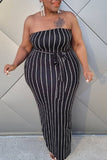 Casual Striped Print Split Joint Strapless Long Sleeve Two Pieces