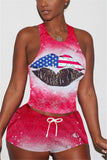 Fashion Print Sleeveless Top Shorts Red Set