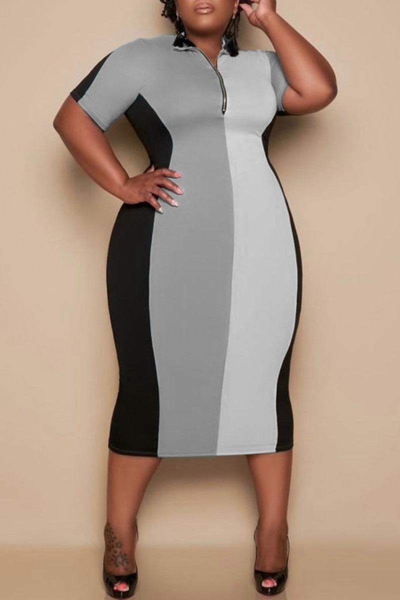 Fashion Casual Plus Size Striped Basic Zipper Collar Short Sleeve Dress