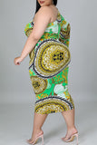Bohemian Print Hollowed Out Split Joint Asymmetrical Oblique Collar One Step Skirt Plus Size Dresses