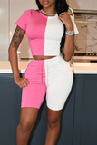 Casual Color Block Split Joint O Neck Short Sleeve Two Pieces