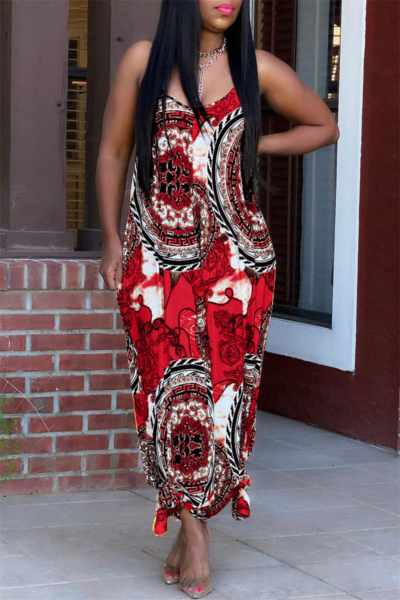 Sexy Casual Print Backless Spaghetti Strap Loose Jumpsuits
