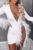 Sexy Mesh Patchwork Feather Trim Slim White Dress